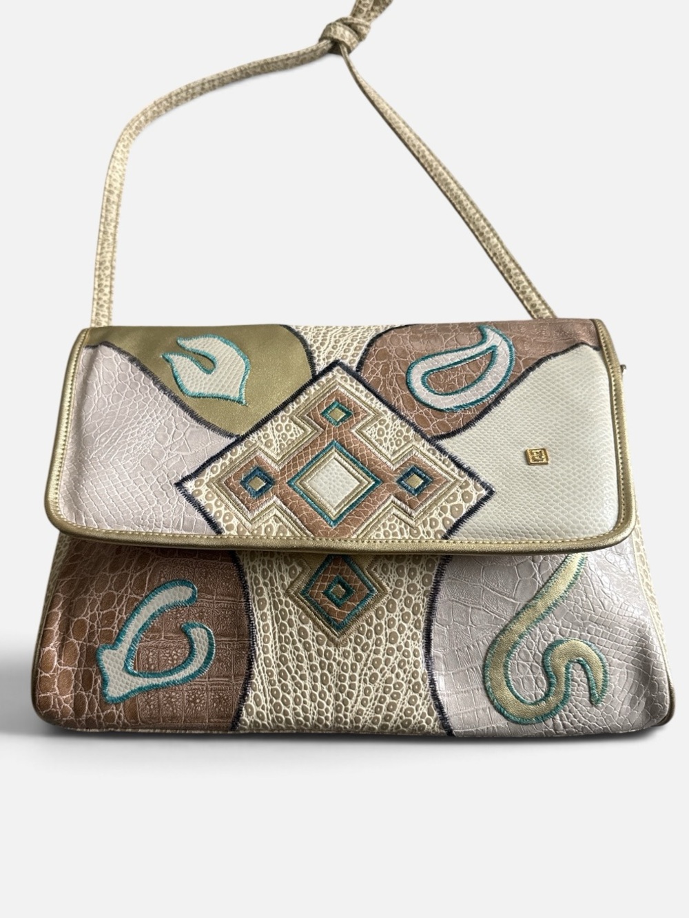 Vintage NAS 80s Embroidered Patchwork Leather Shoulder Bag in Metallic Neutrals